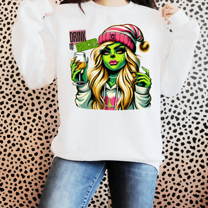Grinchmas Collection - Drink up Grinches quality white cotton unisex sweatshirt with vibrant design...