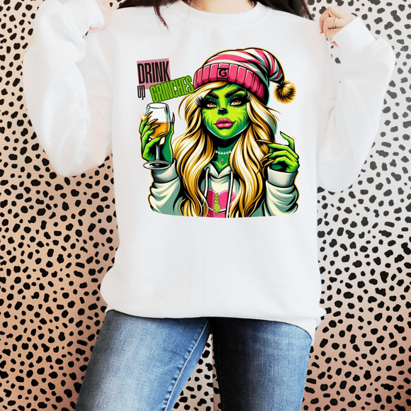 Grinchmas Collection - Drink up Grinches quality white cotton unisex sweatshirt with vibrant design...