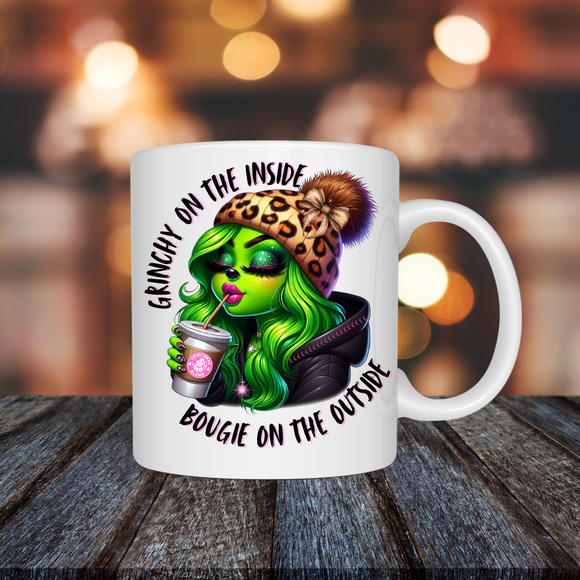 Grinchy on the inside, Bougie on the outside - 11oz white stoneware mug with vibrant print.