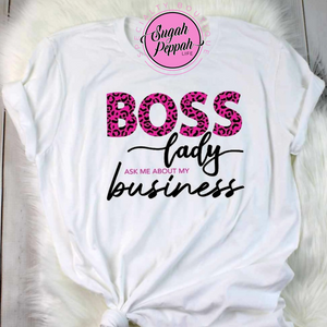 "Boss Lady" short sleeve 100% cotton white crew neck tee with screen print.